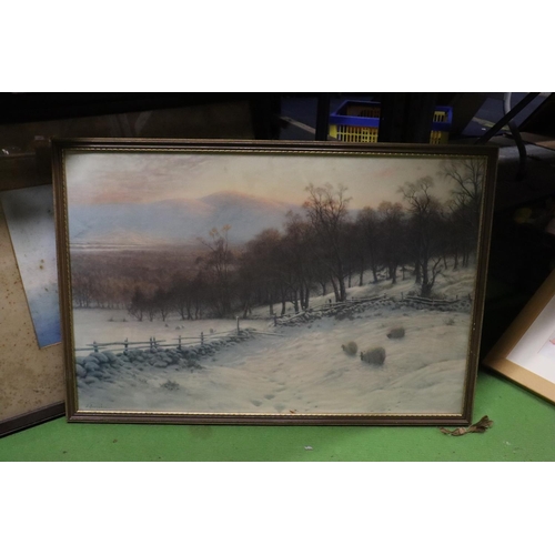 876A - FOUR LARGE FRAMED PRINTS, TWO SHIPPING SCENES, A VINTAGE WOODLAND GLADE AND A J FARQUHARSON OF SHEEP... 