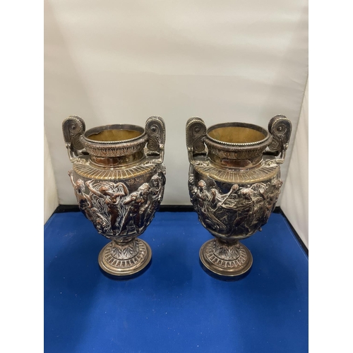 58 - A PAIR OF DECORATIVE TWIN HANDLED URNS WITH INNER LINERS HEIGHT 18CM