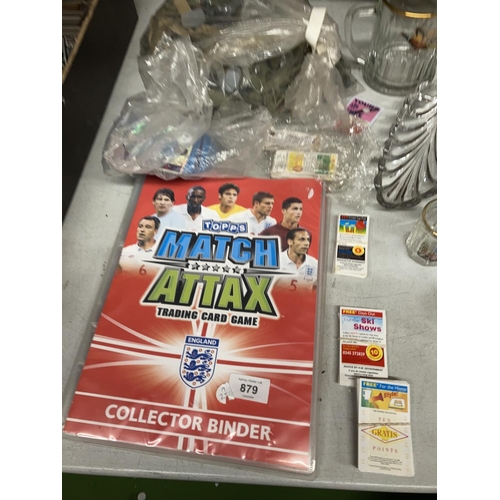 879 - A LARGE QUANTITY OF PLASTIC TOY SOLDIERS, A MATCH ATTAX BINDER WITH CARDS PLUS A QUANTITY OF FOOTBAL... 