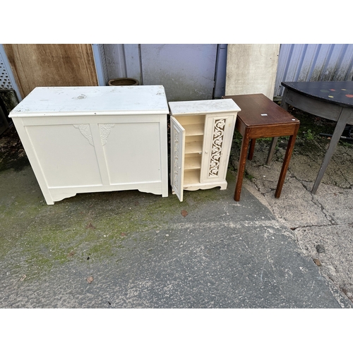 3088 - A SMALL OAK OCCASIONAL TABLE, PAINTED BLANKET CHEST AND PAINTED TWO-DOOR CUPBOARD