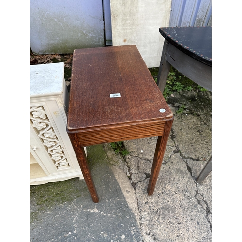 3088 - A SMALL OAK OCCASIONAL TABLE, PAINTED BLANKET CHEST AND PAINTED TWO-DOOR CUPBOARD