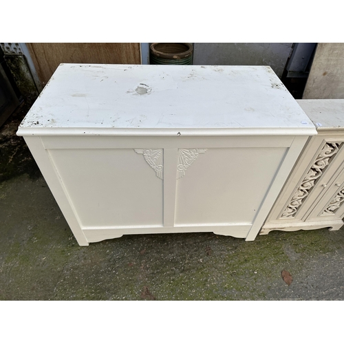 3088 - A SMALL OAK OCCASIONAL TABLE, PAINTED BLANKET CHEST AND PAINTED TWO-DOOR CUPBOARD