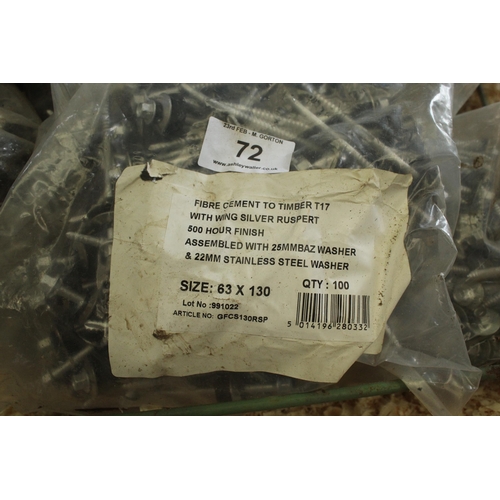 72 - 7 BAGS OF ROOFING SCREWS ETC.  + VAT