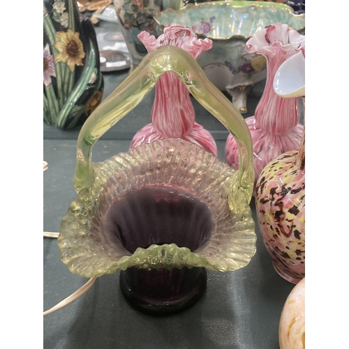 103 - A COLLECTION OF VINTAGE COLOURED GLASS WITH PONTIL MARKS, TO INCLUDE JUGS AND BASKETS