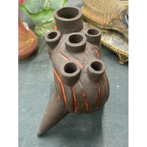 104 - A STUDIO POTTERY STONEWARE ABSTRACT FLOWER HOLDER