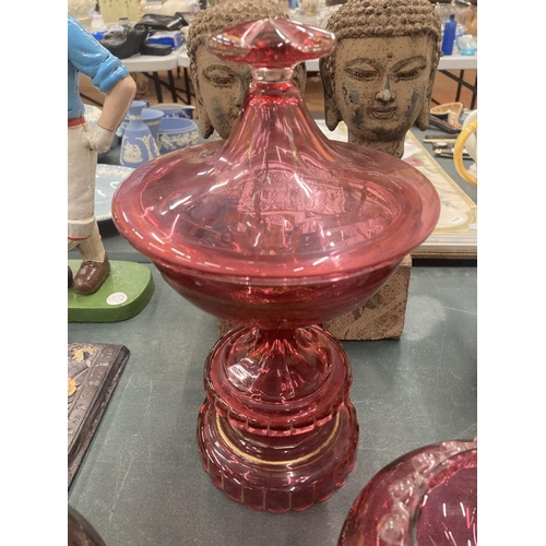 111 - SIX PIECES OF VINTAGE COLOURED GLASSWARE TO INCLUDE CRANBERRY GLASS BON BON DISH ON PEDESTAL, FOOTED... 