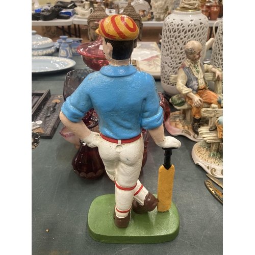 112 - A VERY HEAVY SOLID CAST VICTORIAN CRICKETER DOORSTOP, HEIGHT 32CM