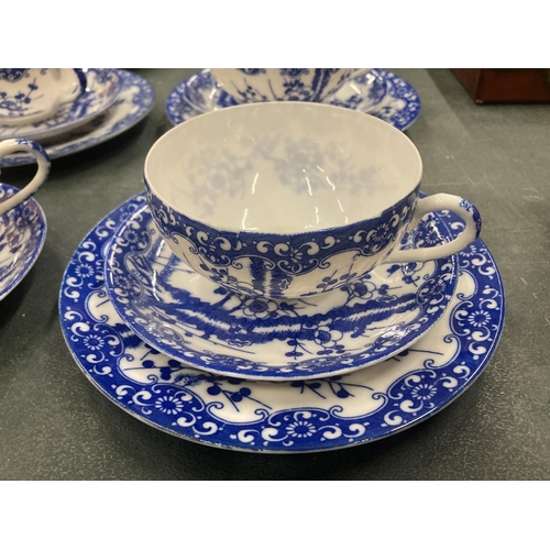 118 - FIVE BLUE AND WHITE ORIENTAL EGGSHELL TEACUPS, SAUCERS AND FIVE SIDE PLATES