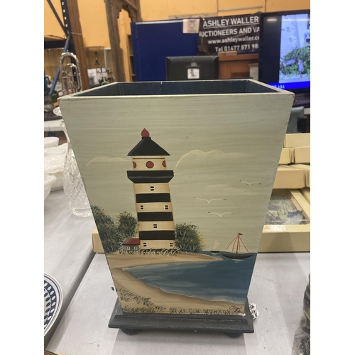 149 - A WOODEN WASTE BIN WITH HAND PAINTED LIGHTHOUSE DESIGN, HEIGHT 34CM