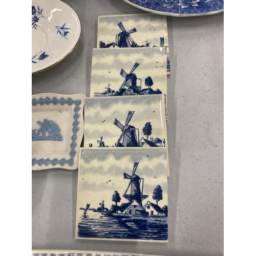 154 - A LARGE COLLECTION OF BLUE AND WHITE PLATES, JUGS, BOWLS, CUPS, SAUCERS, NAPKIN RINGS, ETC TO INCLUD... 