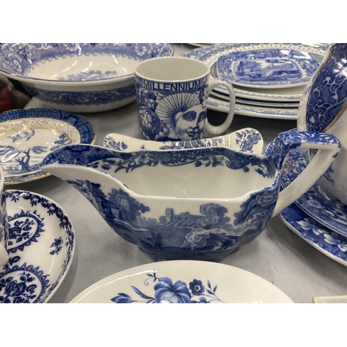 154 - A LARGE COLLECTION OF BLUE AND WHITE PLATES, JUGS, BOWLS, CUPS, SAUCERS, NAPKIN RINGS, ETC TO INCLUD... 