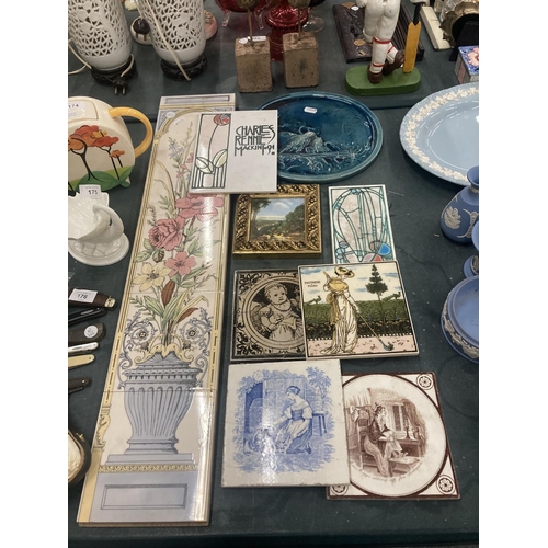 172 - A QUANTITY OF VINTAGE AND MODERN TILES TO INCLUDE A FLORAL WALL HANGING, ETC