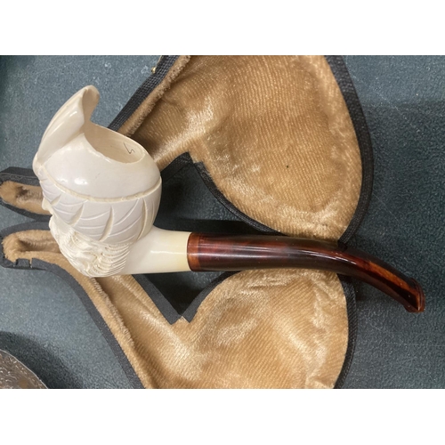 177 - A TURKISH, CARVED HEAD, PIPE WITH A TORTOISE SHELL STEM IN ORIGINAL CASE