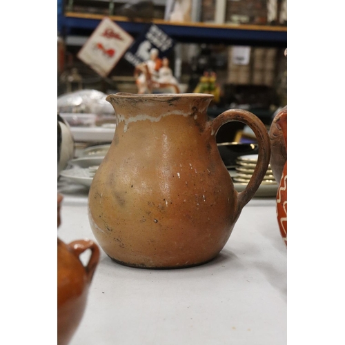 187 - SIX STONEWARE ITEMS TO INCLUDE JUGS, EWER AND LIDDED POTS