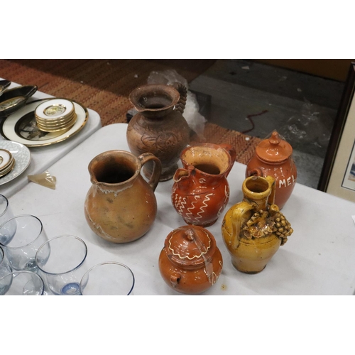 187 - SIX STONEWARE ITEMS TO INCLUDE JUGS, EWER AND LIDDED POTS