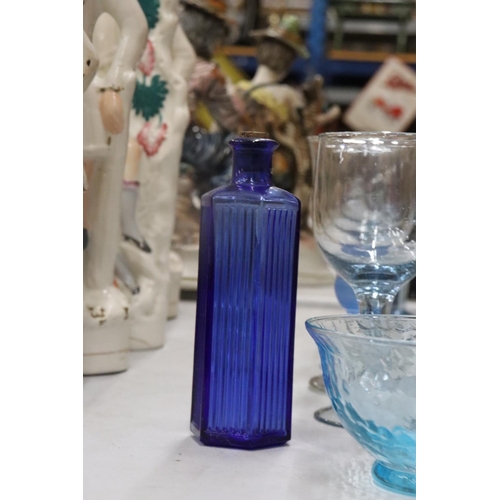 188 - VARIOUS BLUE GLASS ITEMS TO INCLUDE GLASSES, BOWL AND BOTTLE