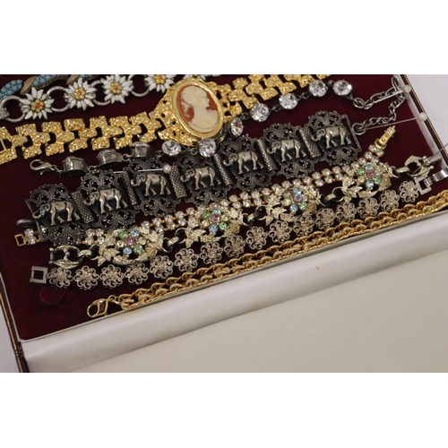 197 - ELEVEN VARIOUS BRACELETS TO INCLUDE JEWELLED, CAMEO, ELEPHANT IN A PRESENTATION BOX