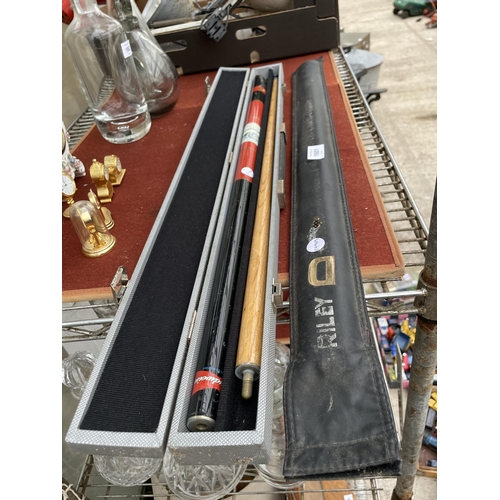 1601 - TWO CASED SNOOKER CUES TO INCLUDE A BCE CUSTOM CUE WITH BUDWIESER DESIGN ETC