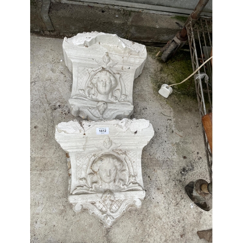 1612 - TWO DECORATIVE PLASTER WALL SCONCES (A/F)