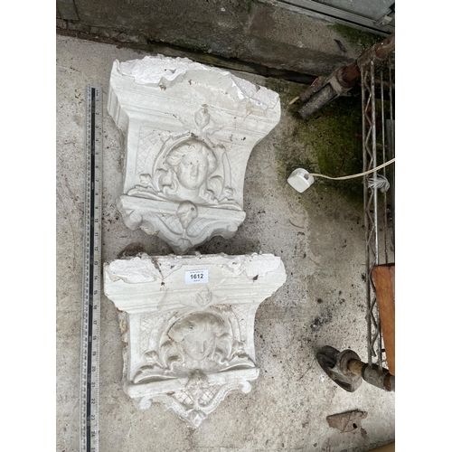 1612 - TWO DECORATIVE PLASTER WALL SCONCES (A/F)