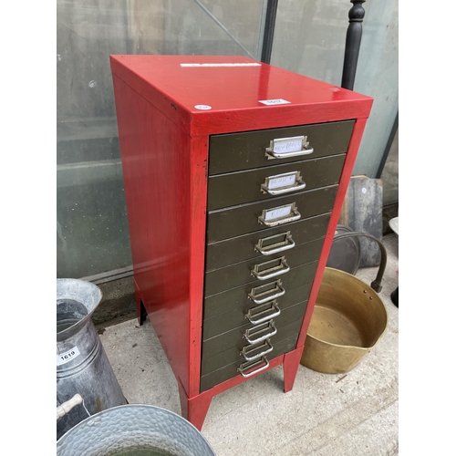 1617 - A RED PAINTED METAL TEN DRAWER MINIATURE FILING CABINET