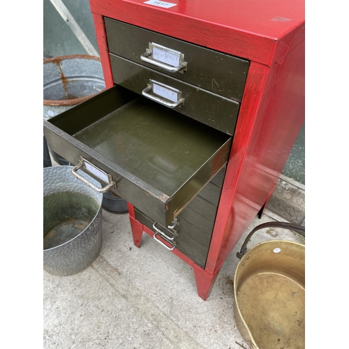 1617 - A RED PAINTED METAL TEN DRAWER MINIATURE FILING CABINET