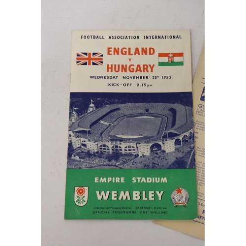 323 - FIVE VARIOUS VINTAGE FOOTBALL PROGRAMMES TO INCLUDE ENGLAND VS HUNGRY NOVEMBER 25TH 1953, LEYTON ORI... 