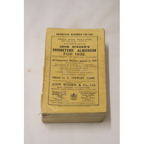 328 - A 1932 COPY OF WISDEN'S CRICKETER'S ALMANACK.  THIS COPY IS IN USED CONDITION, MISSING PART OF THE S... 