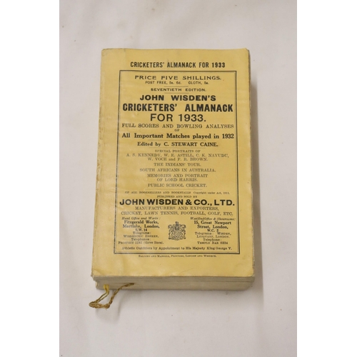 329 - A 1933 COPY OF WISDEN'S CRICKETER'S ALMANACK.  THIS COPY IS IN USED CONDITION, THE SPINE IS INTACT A... 