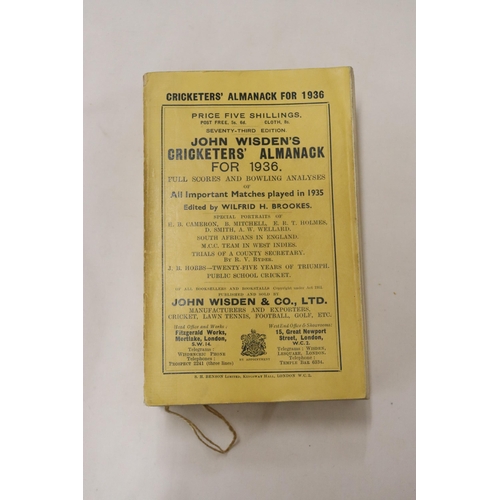 332 - A 1936 COPY OF WISDEN'S CRICKETER'S ALMANACK.  THIS COPY IS IN USED CONDITION, THE SPINE IS INTACT A... 