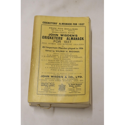 333 - A 1937 COPY OF WISDEN'S CRICKETER'S ALMANACK.  THIS COPY IS IN USED CONDITION, THE SPINE IS INTACT A... 