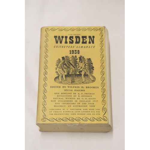 334 - A 1938 COPY OF WISDEN'S CRICKETER'S ALMANACK.  THIS COPY IS IN USED CONDITION, THE SPINE IS INTACT. ... 