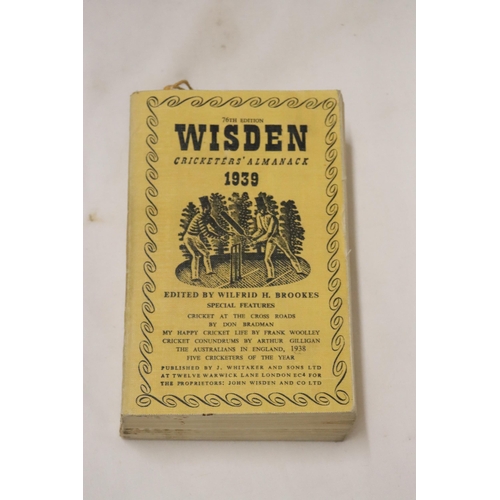 335 - A 1939 COPY OF WISDEN'S CRICKETER'S ALMANACK.  THIS COPY IS IN USED CONDITION, THE SPINE IS INTACT. ... 