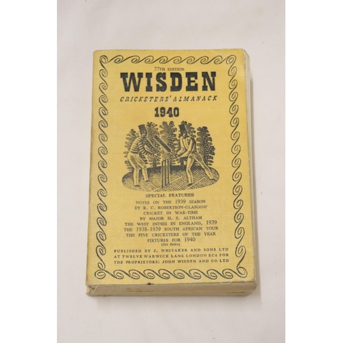 336 - A 1940 COPY OF WISDEN'S CRICKETER'S ALMANACK.  THIS COPY IS IN USED CONDITION, THE SPINE AND COVERS ... 