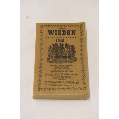 337 - A 1946 COPY OF WISDEN'S CRICKETER'S ALMANACK.  THIS COPY IS IN USED CONDITION, THE SPINE AND COVERS ... 