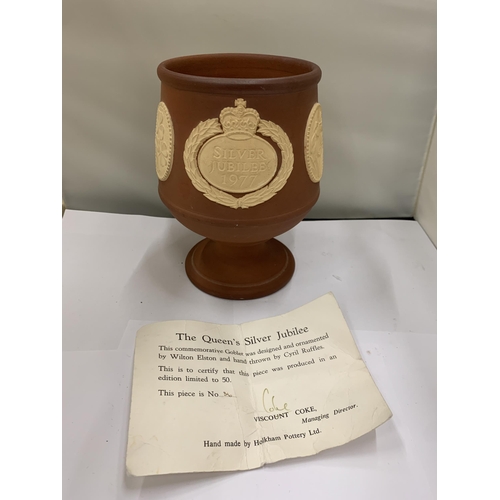 18 - A LIMITED EDITION HAND MADE HOLKAM POTTERY QUEENS SILVER JUBILEE GOBLET 36/50 WITH COA