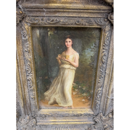 25 - A HEAVY GILT FRAMED PAINTING OF A YOUNG GIRL WITH A GIFT BOX