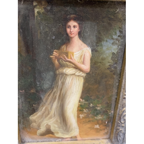 25 - A HEAVY GILT FRAMED PAINTING OF A YOUNG GIRL WITH A GIFT BOX