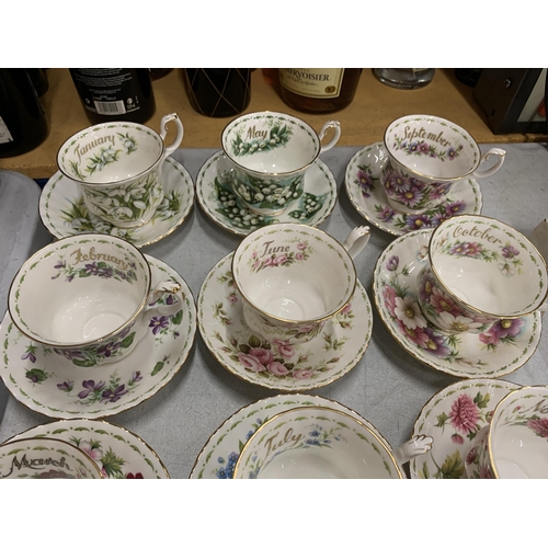 37 - A COMPLETE SET OF ROYAL ALBERT FLOWER OF THE MONTH CUP AND SAUCERS