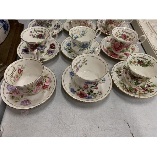 37 - A COMPLETE SET OF ROYAL ALBERT FLOWER OF THE MONTH CUP AND SAUCERS