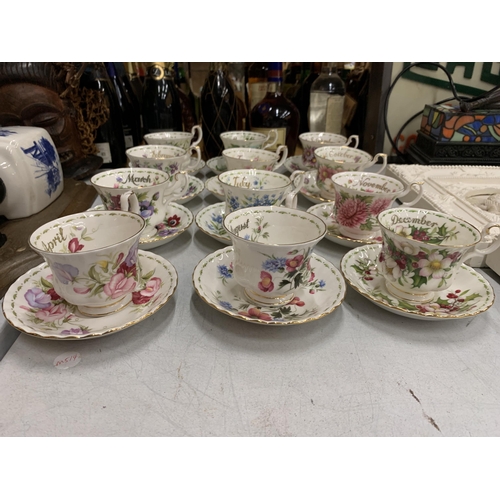 37 - A COMPLETE SET OF ROYAL ALBERT FLOWER OF THE MONTH CUP AND SAUCERS