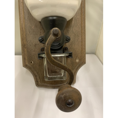 39 - A VINTAGE ZASSENHAUS COFFEE GRINDER ON A WALL MOUNTING PLAQUE WITH A BLUE AND WHITE WARE CHAMBER