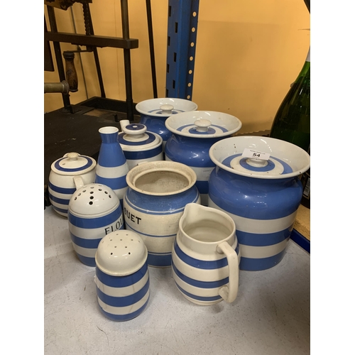 54 - TEN ITEMS OF T G GREEN BLUE AND WHITE CORNISH WARE TO INCLUDE LIDDED STORAGE JARS, JUGS ETC