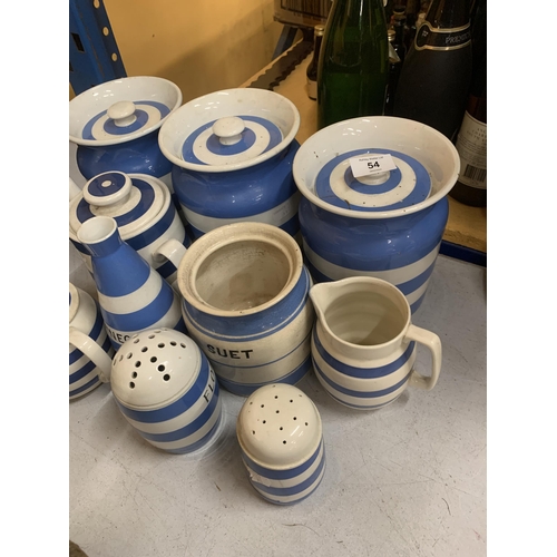 54 - TEN ITEMS OF T G GREEN BLUE AND WHITE CORNISH WARE TO INCLUDE LIDDED STORAGE JARS, JUGS ETC