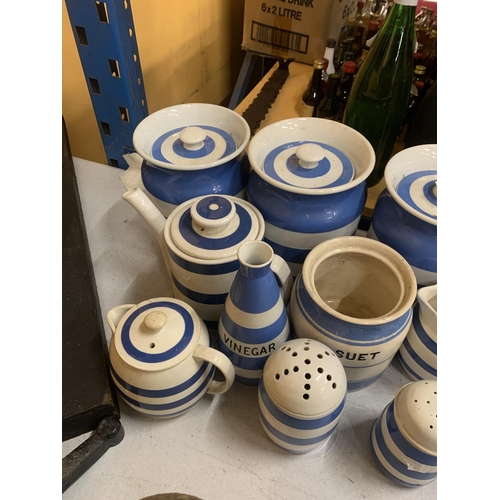 54 - TEN ITEMS OF T G GREEN BLUE AND WHITE CORNISH WARE TO INCLUDE LIDDED STORAGE JARS, JUGS ETC