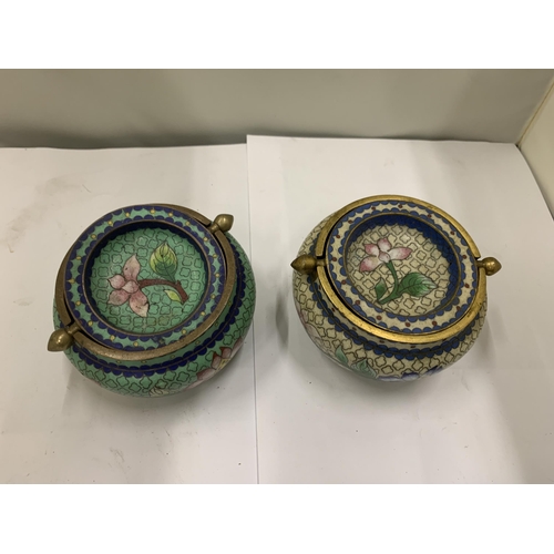 72 - TWO CLOISONNE POTS WITH SWING LIDS