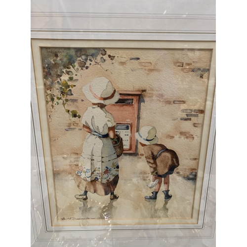 73 - A BERNARD MCDONALD (BORN 1944) WATERCOLOUR OF CHILDREN AT A POST BOX SIGNED TO LOWER LEFT HAND CORNE... 