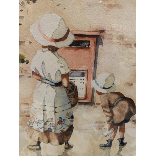 73 - A BERNARD MCDONALD (BORN 1944) WATERCOLOUR OF CHILDREN AT A POST BOX SIGNED TO LOWER LEFT HAND CORNE... 