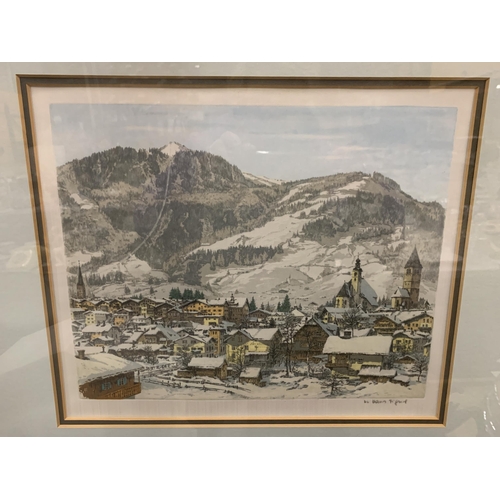 74 - A FRAMED PRINT OF A SNOWY VILLAGE BY HANS FIGURA