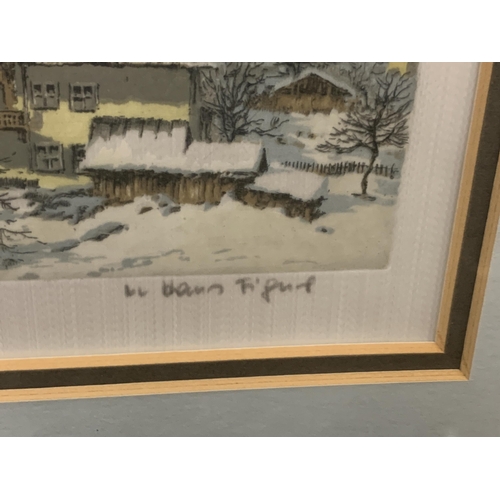 74 - A FRAMED PRINT OF A SNOWY VILLAGE BY HANS FIGURA